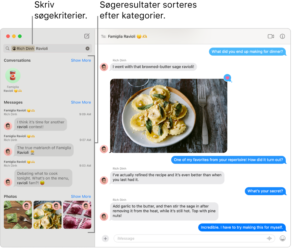 Vinduet Beskeder med søgekriterier indtastet i søgefeltet i øverste venstre hjørne. Derunder er søgeresultater organiseret efter kategorier som Samtaler, Beskeder og Fotos.