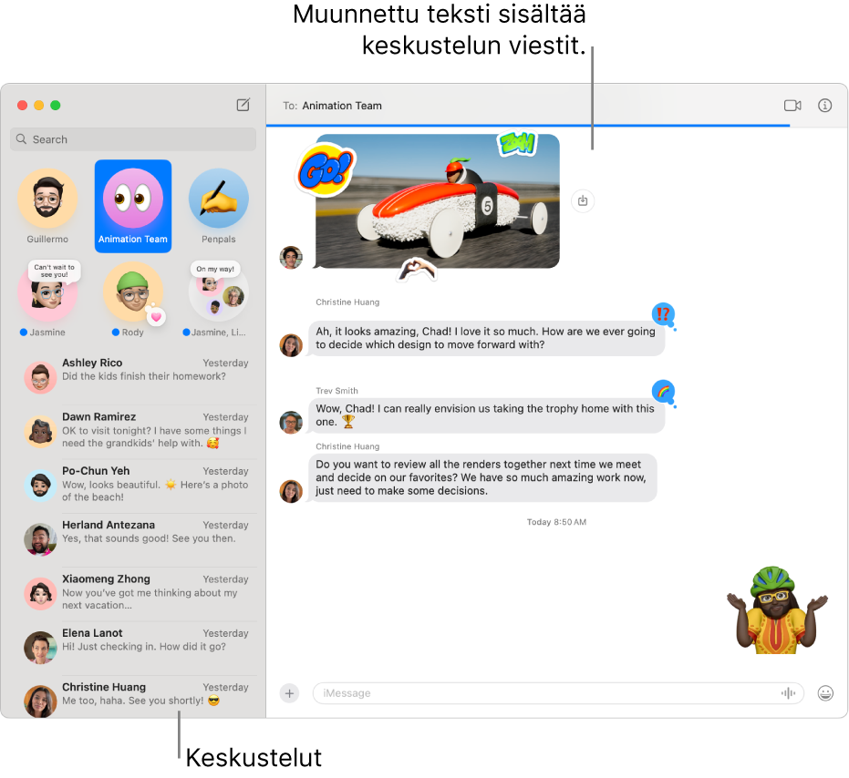 Viestit-ikkuna, jossa on keskusteluja sivupalkissa ja viestejä sisältävä keskustelun teksti.