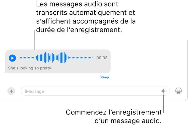 Une conversation dans Messages avec le bouton Enregistrement audio à côté de la zone de message au bas de la fenêtre. Un message audio accompagné de sa transcription et de sa durée s’affiche dans la conversation.