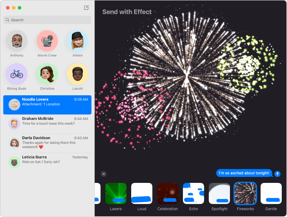 La fenêtre Messages avec plusieurs conversations dans la barre latérale de gauche, ainsi qu’un effet de message, feux d’artifice, qui apparaît dans la conversation sur la droite.