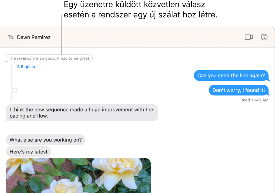Az Üzenetek ablaka egy beszélgetést jelenít meg egy új üzenetszállal egy adott üzenet alatt.
