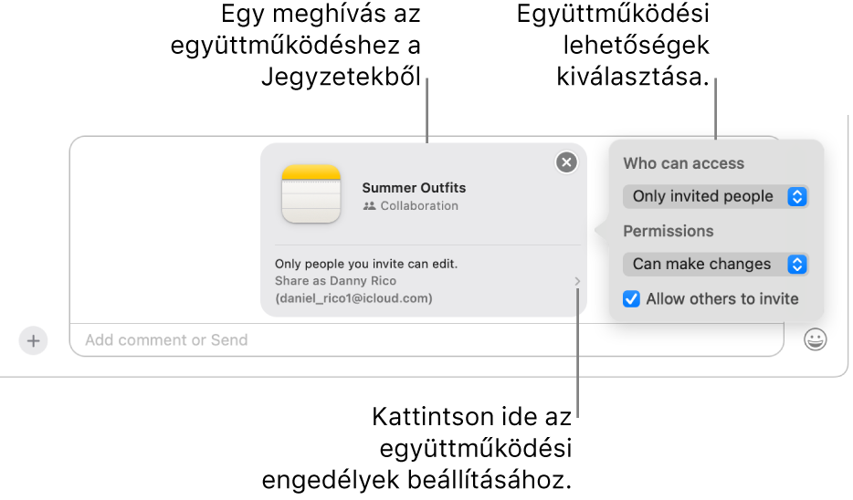 Közelkép a szöveges üzenet mezőről az Üzenetek-beszélgetés alján. Egy jegyzeten való együttműködés meghívója látható. A meghívó jobb oldalára kattintva állíthatja be az együttműködés engedélyeit.