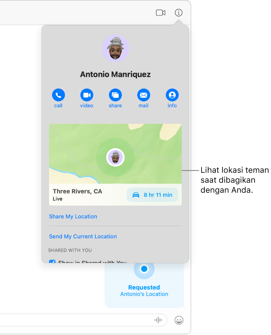 Tampilan Info, yang muncul setelah Anda mengeklik tombol Info di percakapan, yang menampilkan ikon orang yang membagikan lokasi mereka dengan Anda dan peta serta alamat lokasi mereka.