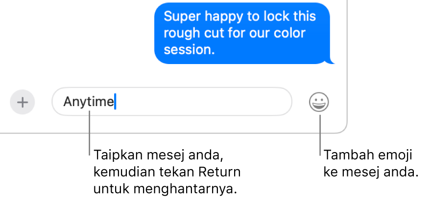 Transkrip dalam tetingkap Mesej, dengan medan mesej ditunjukkan di bahagian bawah tetingkap.