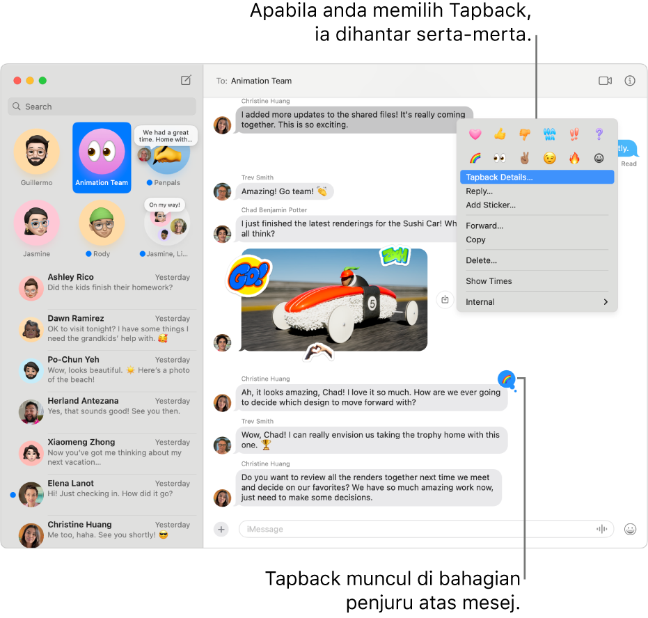 Tapback emoji kelihatan di penjuru atas mesej, menandakan respons anda kepada mesej. Set pilihan Tapback kelihatan dalam menu. Pilihan termasuk Tapback klasik (hati, ibu jari atas, ibu jari bawah, Ha Ha, tanda seru dan tanda soal) dan Tapback emoji.