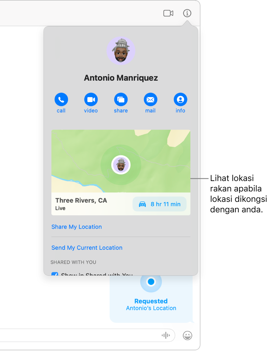 Paparan Info, yang kelihatan selepas anda mengklik butang Info dalam perbualan, menunjukkan ikon orang yang berkongsi lokasi mereka dengan anda serta peta dan alamat lokasi mereka.
