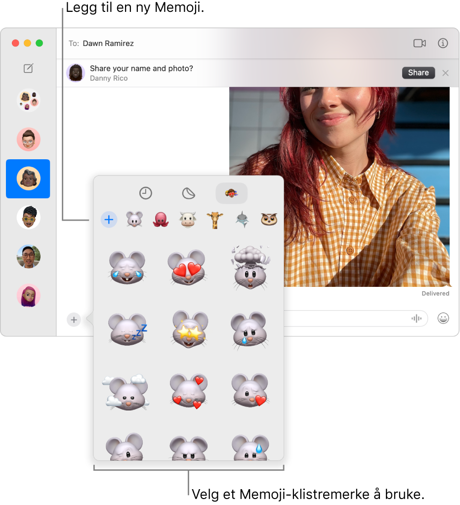 Meldinger-vinduet, med flere samtaler i sidepanelet til venstre og en logg til høyre. Når du velger Memoji-klistremerker fra Apper-knappen, kan du velge et ferdig laget Memoji-klistremerke eller opprette en ny Memoji.