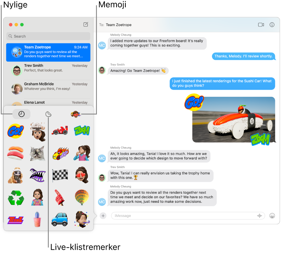Et Meldinger-vindu, med flere samtaler i sidepanelet til venstre. Klistremerker-valgene nederst i venstre hjørne viser Nylige, Live-klistremerker og Memoji. En samtale vises til høyre.