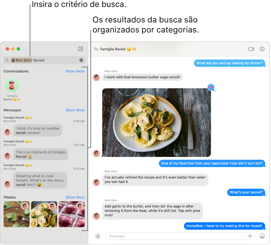 A janela do Mensagens com critérios de busca digitados no campo de busca, no canto superior esquerdo. Os resultados de busca estão organizados abaixo disso por categorias, como Conversas, Mensagens e Fotos.