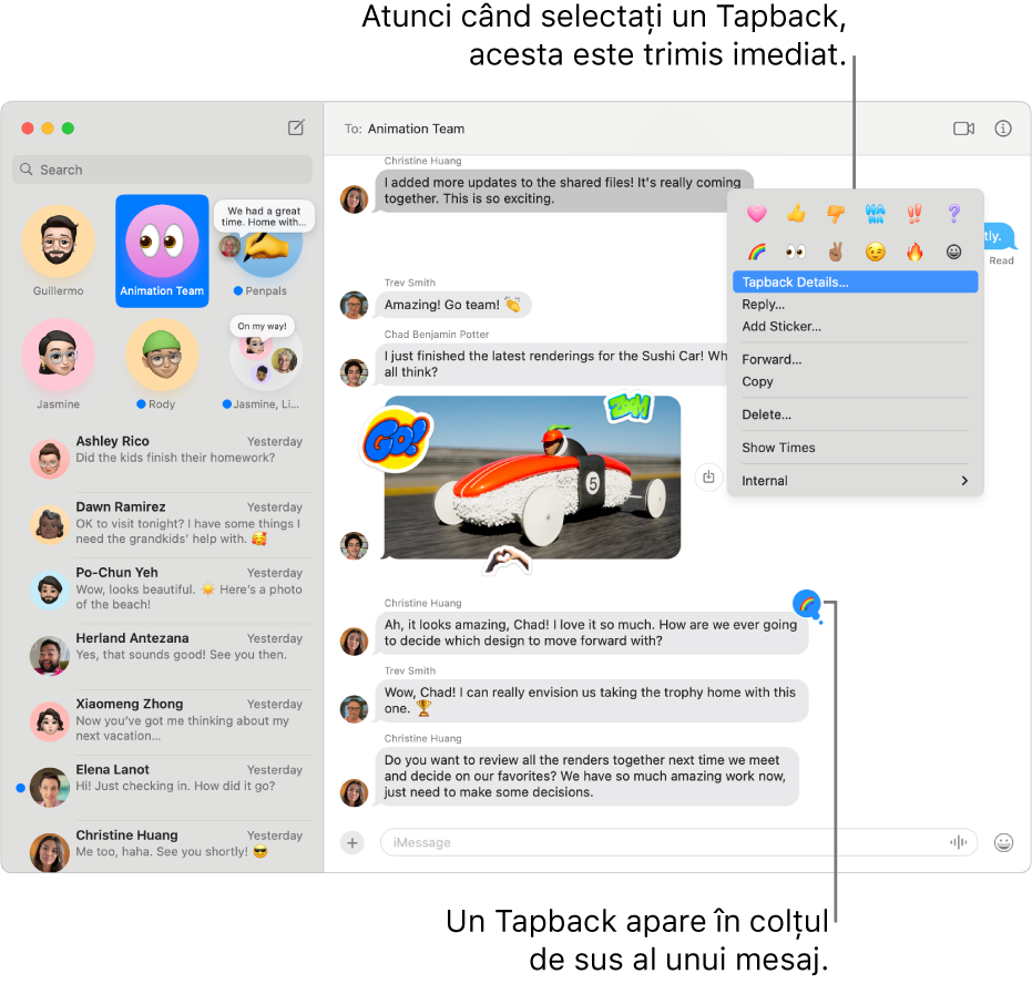 Un Tapback emoji apare în colțul de sus al unui mesaj, indicând răspunsul dvs. la un mesaj. Un set de opțiuni de Tapback apare într‑un meniu. Opțiunile includ Tapback‑uri clasice (o inimă, un semn de aprobare, un semn de dezaprobare, Ha Ha, semne de exclamare și semnul întrebării) și Tapback‑uri emoji.