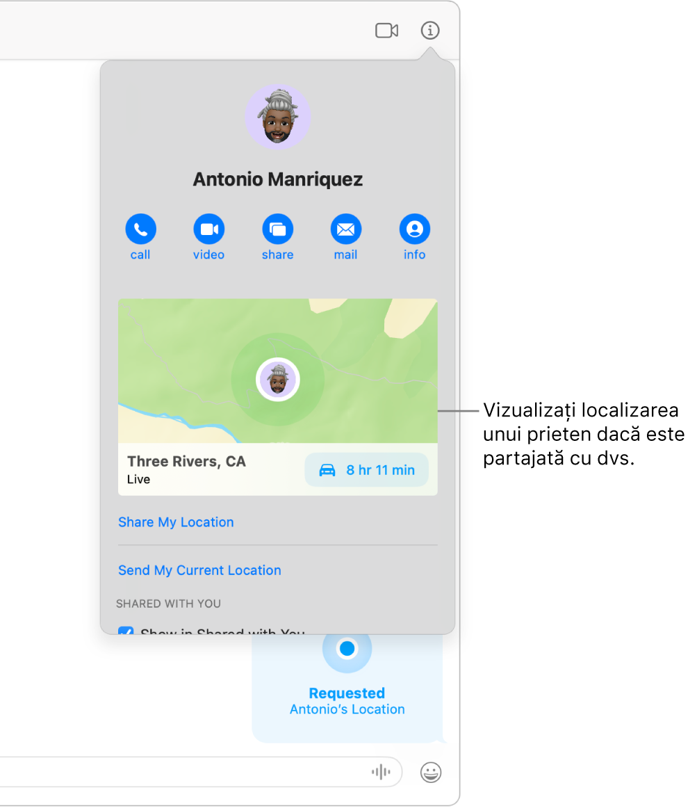 Vizualizarea Informații, care apare după ce faceți clic pe butonul Informații dintr‑o conversație, afișând pictograma unei persoane care și‑a partajat localizarea cu dvs. și o hartă și adresa localizării persoanei.