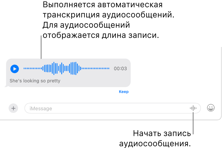 В приложении «Сообщения» открыт разговор: в нижней части окна показана кнопка «Записать аудио» рядом с полем сообщения. В разговоре отображается аудиосообщение с расшифровкой и указанием его длины.