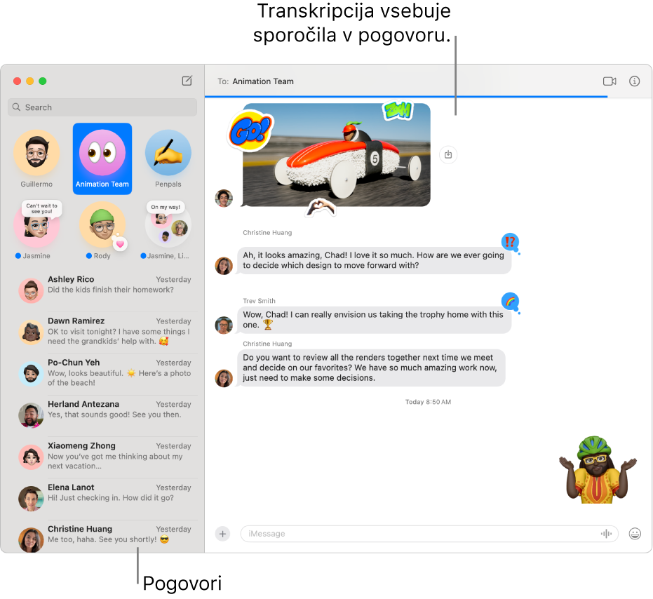 Okno Sporočil s pogovori v stranski vrstici in transkripcijo, ki vsebuje sporočila tega pogovora.