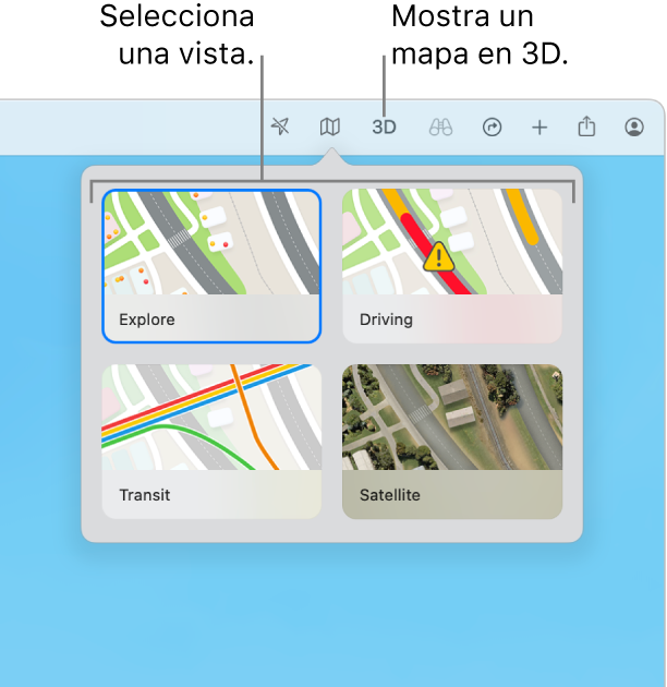S’ha fet clic al botó “Mapa” a la barra d’eines i hi ha quatre vistes de mapa disponibles: Explorar, “En cotxe”, “Transport públic” i Satèl·lit.