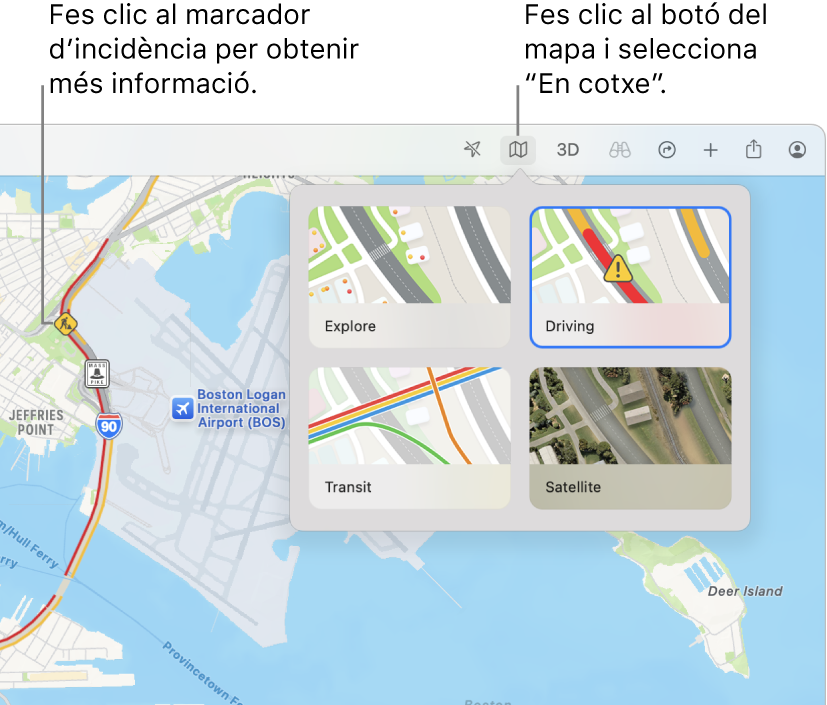 Un mapa de San Francisco que mostra opcions del mapa, la mapa “En cotxe” seleccionat i les incidències de trànsit al mapa.