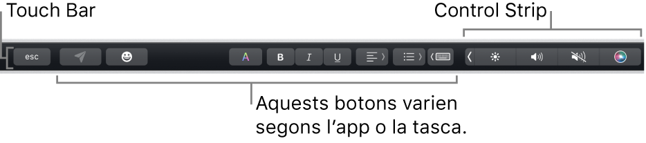 La Touch Bar, situada a la part superior del teclat, que mostra la Control Strip contreta, a la dreta, i botons que varien segons l’app o la tasca.