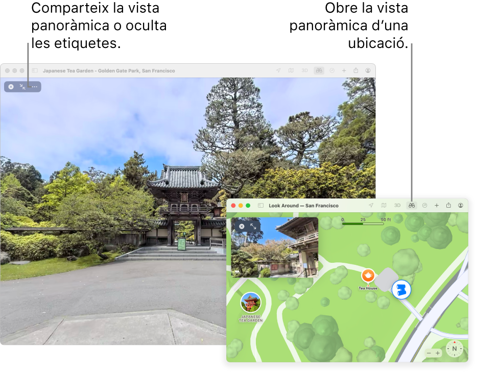 Vista interactiva de 360 graus d’una atracció local de San Francisco amb un mapa en 3D a l’angle inferior dret.