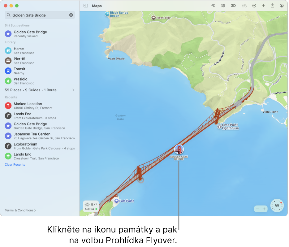 V případě míst označených ikonou v kroužku jsou k dispozici prohlídky Flyover.