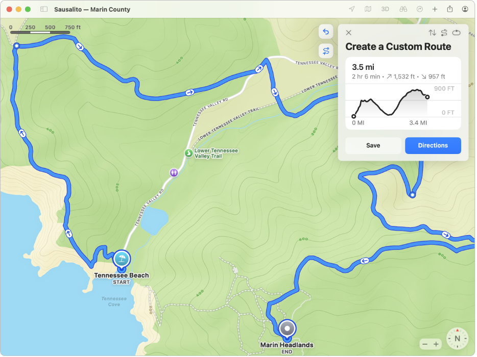 Mapa přizpůsobené turistické trasy s tlačítky pro obrácení směru nebo dokončení túry, celkovou vzdáleností, časem a celkovým stoupáním nebo klesáním.