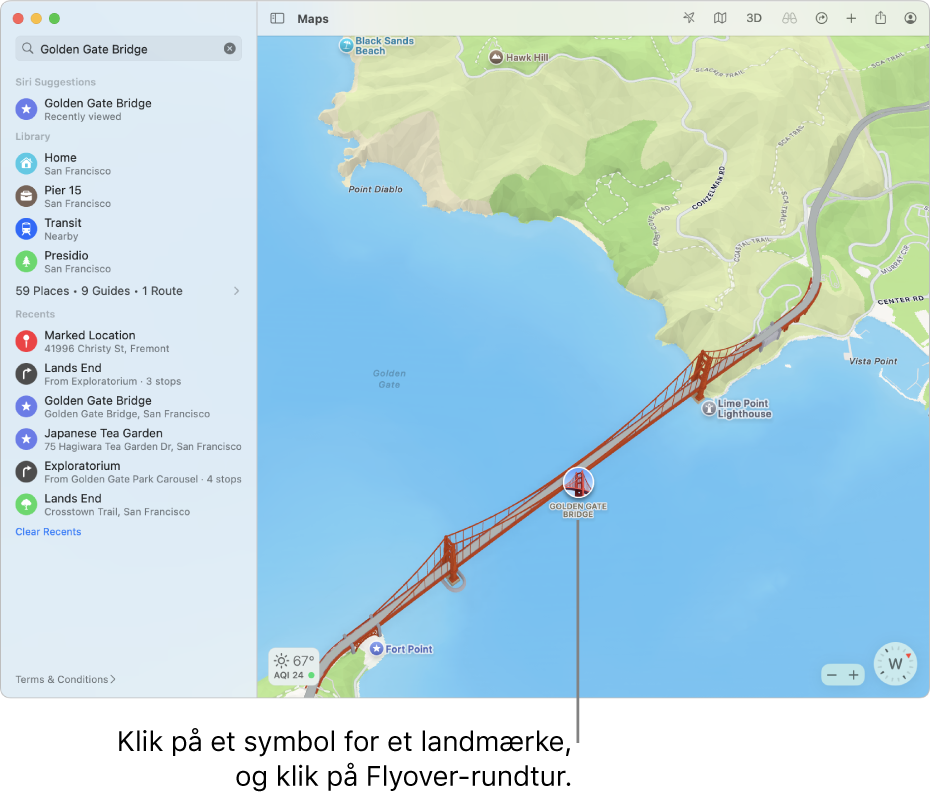 Der er ofte Flyover-rundture til lokaliteter, der er markeret med et symbol i en cirkel.