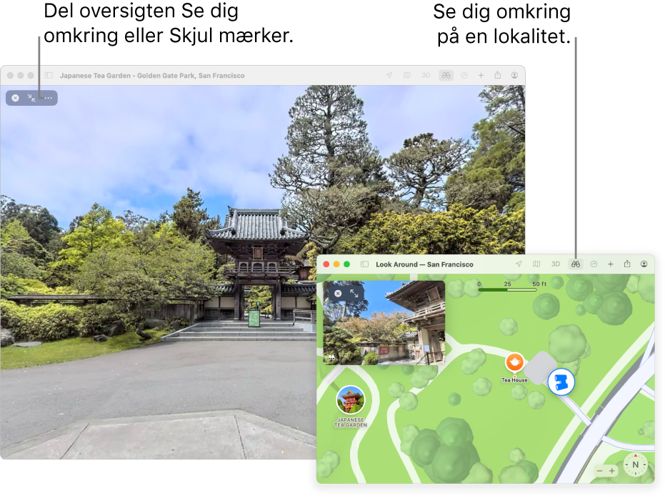 En interaktiv 360 graders visning af en lokal seværdighed i San Francisco med et 3D-kort i det nederste højre hjørne.