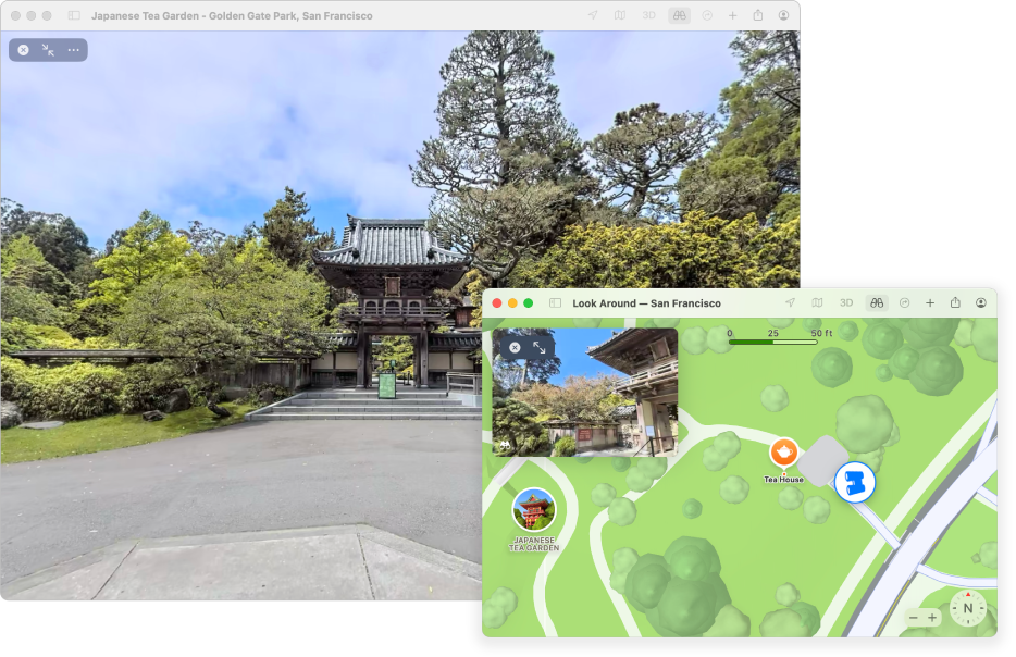 En interaktiv 360 graders visning af en lokal seværdighed i San Francisco med et 3D-kort i det nederste højre hjørne.