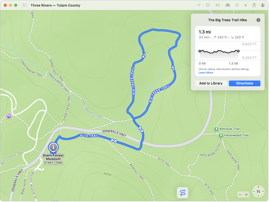 A hiking map, showing its length (in distance and time) and altitude gain and loss.