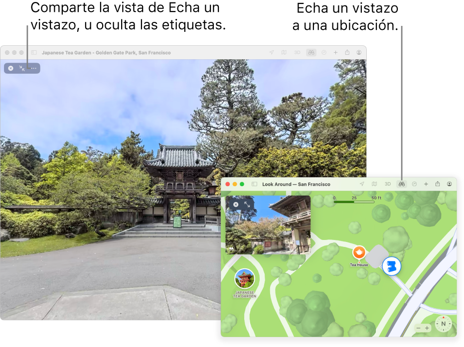Una vista interactiva de 360 grados de una atracción local en San Francisco, con un mapa 3D en la esquina inferior derecha.