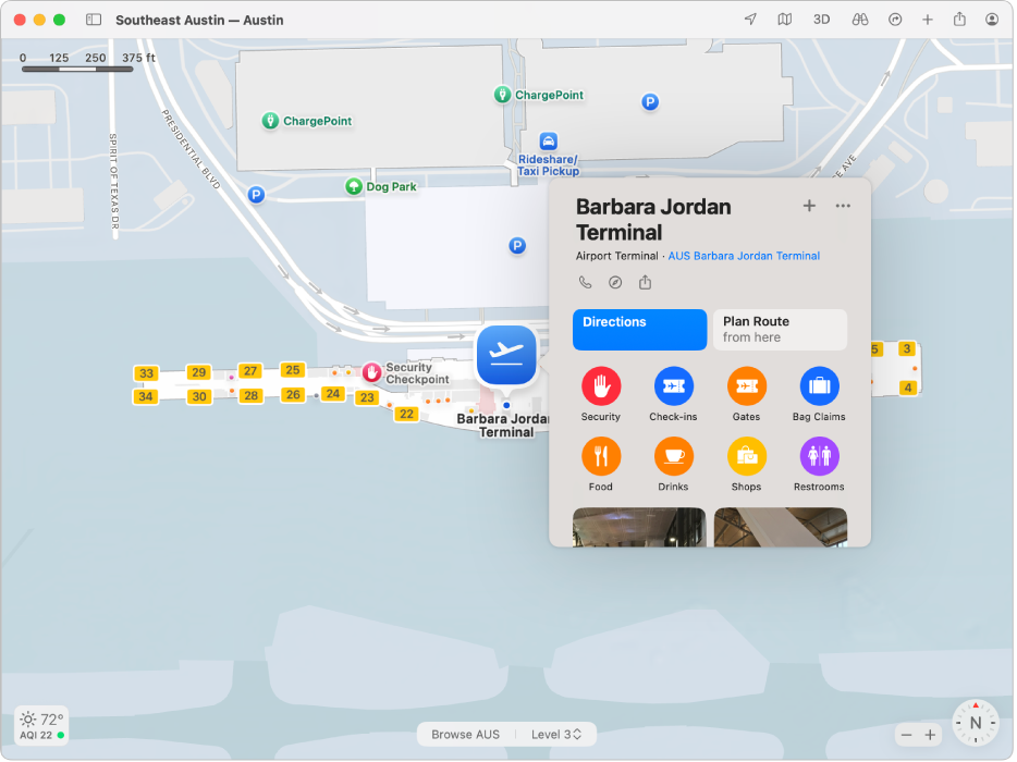 Un mapa que muestra el interior del Aeropuerto de Austin.