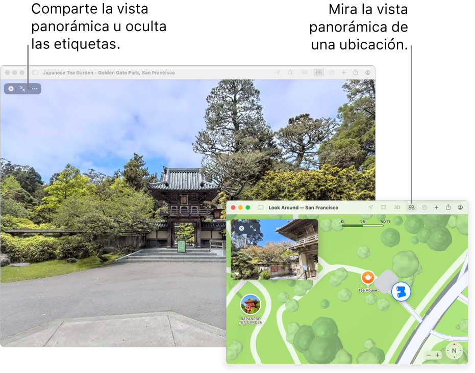 Una vista interactiva de 360 grados de una atracción local de San Francisco, con un mapa 3D en la esquina inferior derecha.