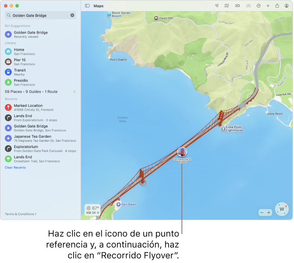 Las ubicaciones marcadas con iconos circulares suelen tener recorridos Flyover.