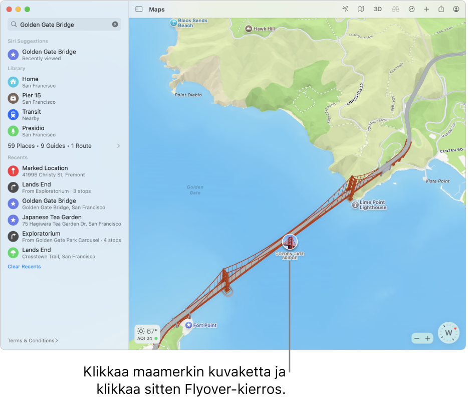 Flyover-kierroksia on usein paikoissa, jotka on merkitty ympyröidyillä kuvakkeilla.