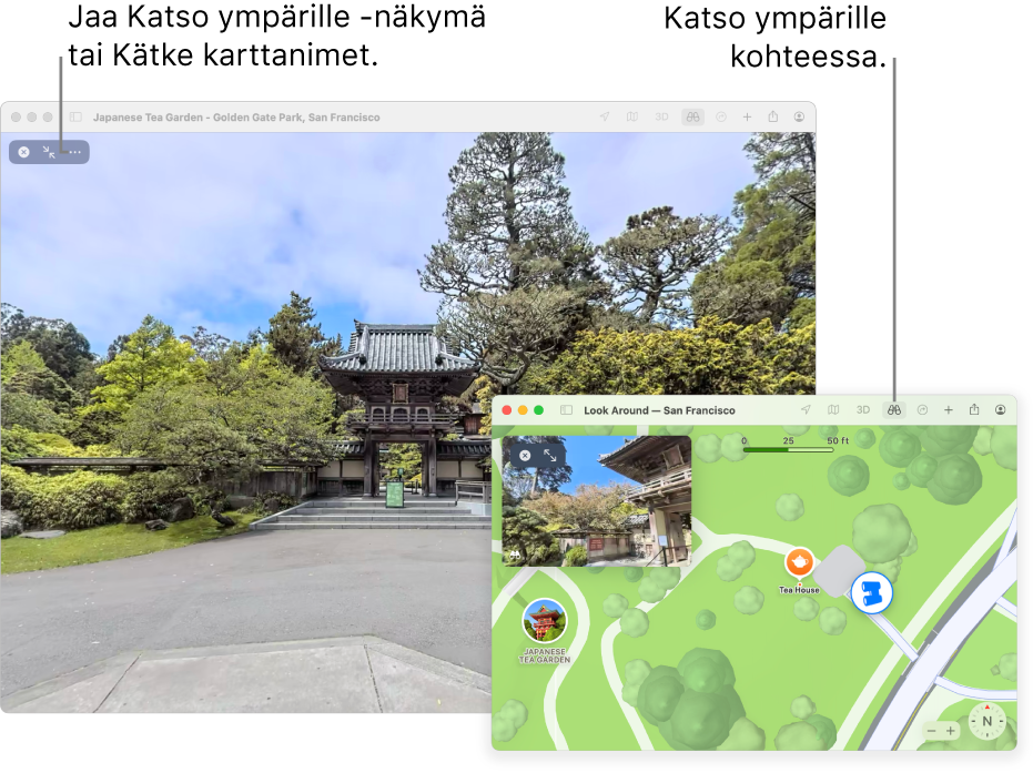 Paikallisen nähtävyyden vuorovaikutteinen 360 asteen näkymä San Franciscossa, 3D-kartta on oikeassa alakulmassa.