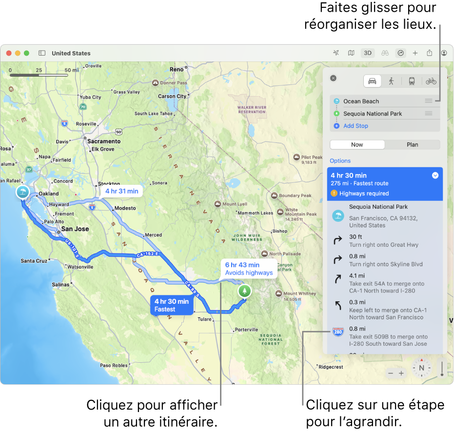 Un plan de la région de San Francisco avec un itinéraire en voiture entre deux endroits. Des itinéraires secondaires sont aussi affichés sur le plan.