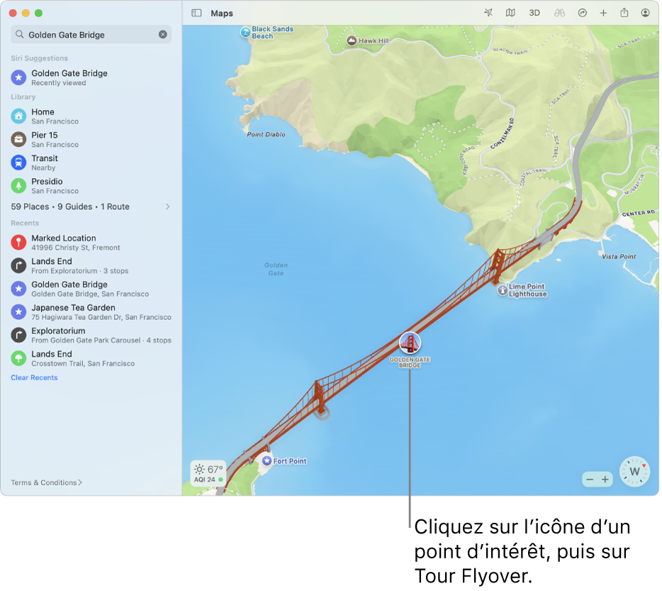 Les emplacements marqués d’icônes cerclés offrent souvent des tours Flyover.