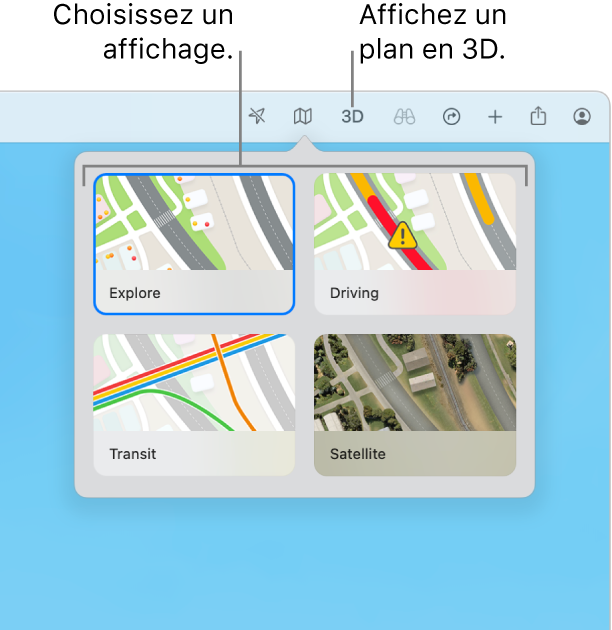 Le bouton Plan a été cliqué dans la barre d’outils, et quatre vues de plan sont disponibles : Explorer, En voiture, En transport et Satellite.