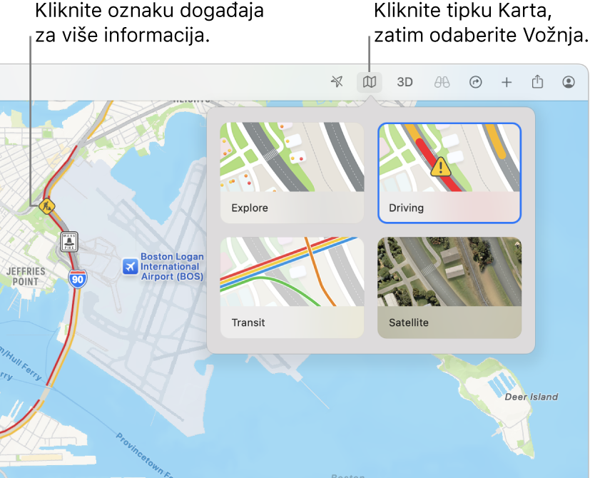 Karta San Francisca s prikazanim opcijama karte, odabranom kartom Vožnja i stanjem na cesti na karti.