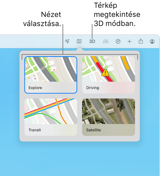A felhasználó a térkép gombra koppint az eszköztáron, és négy térképnézet látható: Felfedezés, Forgalmi, Tömegközlekedés és Műhold.