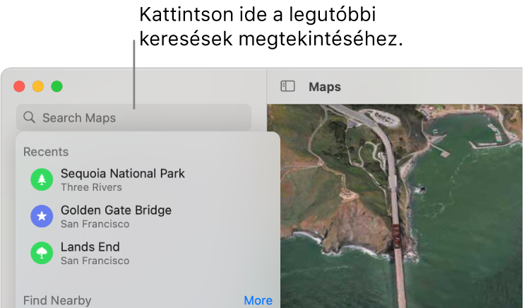 Balra fent látható a keresőmező, alatta a legutóbbi keresésekkel.