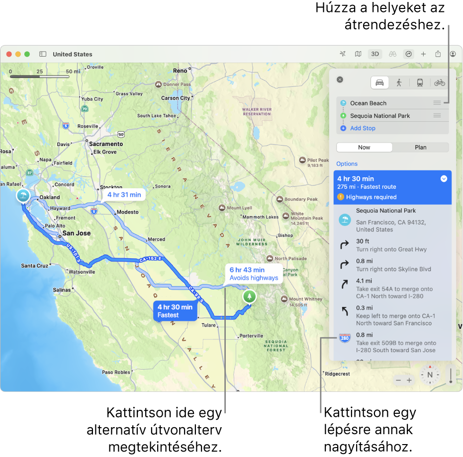A San Franciscó-i környék térképe egy vezetési útvonaltervvel két hely között. A térképen alternatív útvonalak is láthatók.