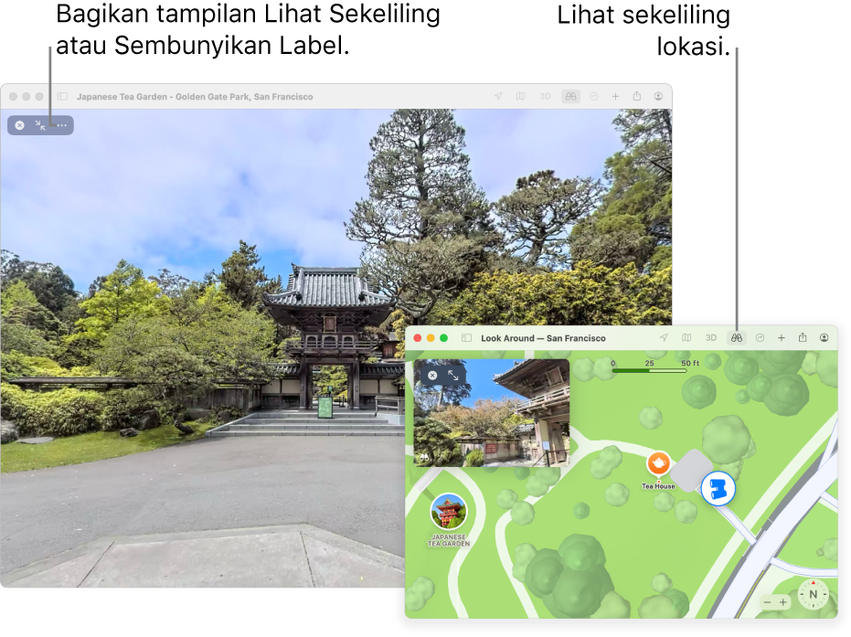 Tampilan 360 derajat interaktif dari daya tarik lokal di San Francisco, dengan peta 3D di pojok kanan bawah.