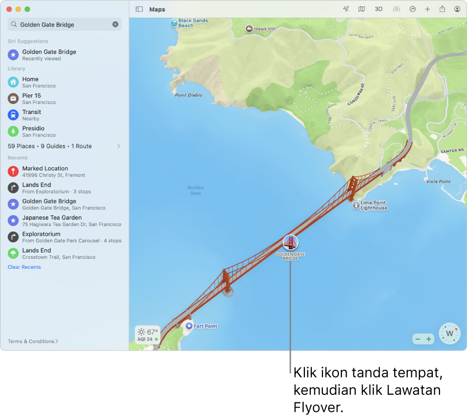 Lokasi ditandakan dengan ikon dibulatkan yang biasanya mempunyai Lawatan Flyover.