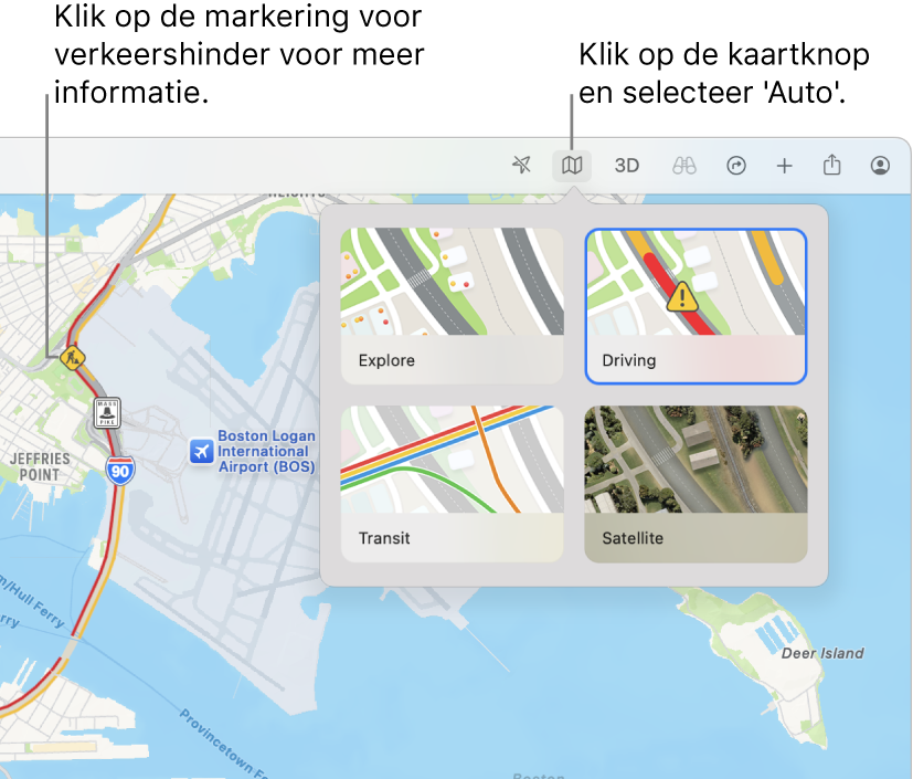 Een kaart van San Francisco met kaartopties, de autokaart geselecteerd en verkeershinder op de kaart.