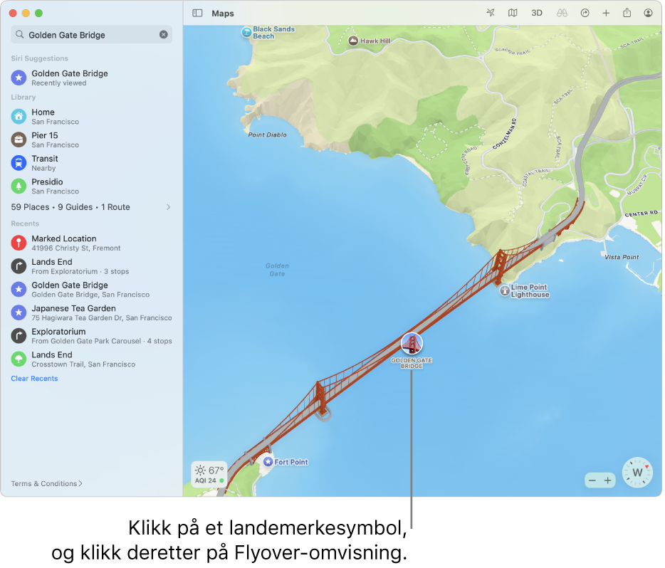 Steder med sirkel rundt symbolene har ofte Flyover-omvisninger.