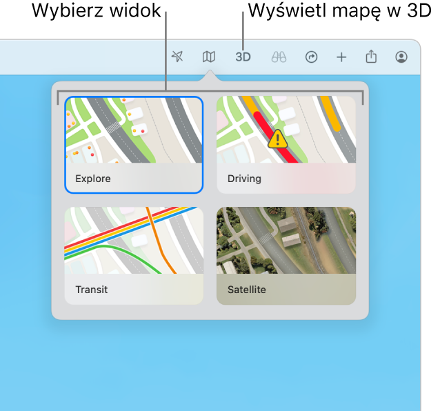 Po kliknięciu w przycisk mapy na pasku narzędzi wyświetlane są cztery widoki mapy: Eksploruj, Ruch drogowy, Transport publiczny oraz Satelitarna.