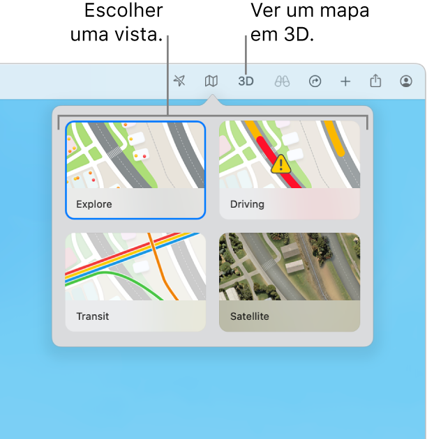O botão “Mapa” foi clicado na barra de ferramentas e estão disponíveis quatro vistas de mapa: “Explorar”, “De carro”, “Transportes públicos” e “Satélite”.