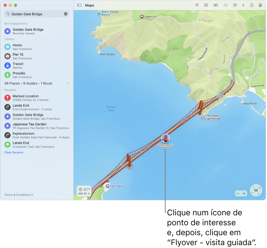 Normalmente, as localizações marcadas com ícones com um círculo têm visitas guiadas com Flyover.