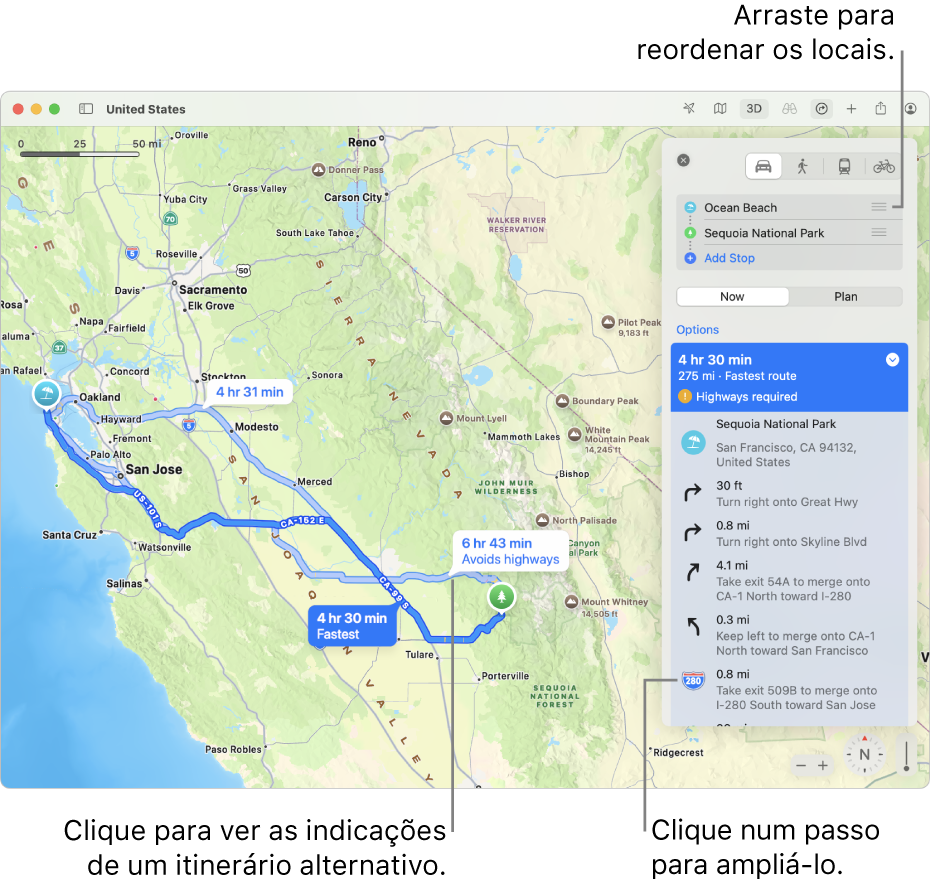 Um mapa da área de São Francisco com indicações para um itinerário de carro entre dois locais. Também são apresentados itinerários alternativos no mapa.