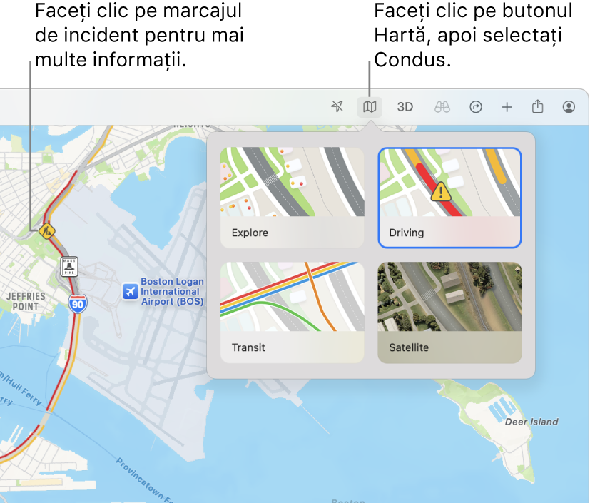 O hartă a orașului San Francisco cu opțiunile hărții afișate, harta pentru șofat selectată și incidentele de trafic afișate pe hartă.