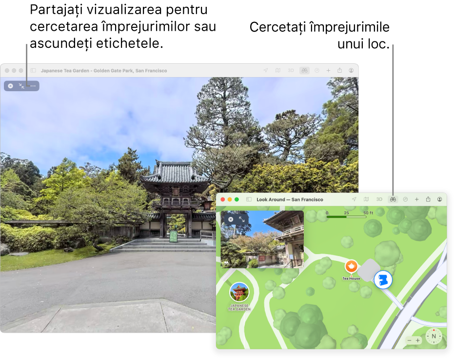 O vizualizare interactivă de 360 de grade a unei atracții locale din San Francisco, cu o hartă 3D în colțul din dreapta jos.